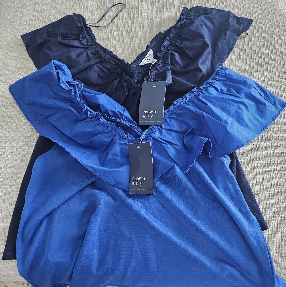 SOLD NOT AVAILABLE NWT Two Crown & Ivy Blue Ruffled Summer Tops Off Shoulder